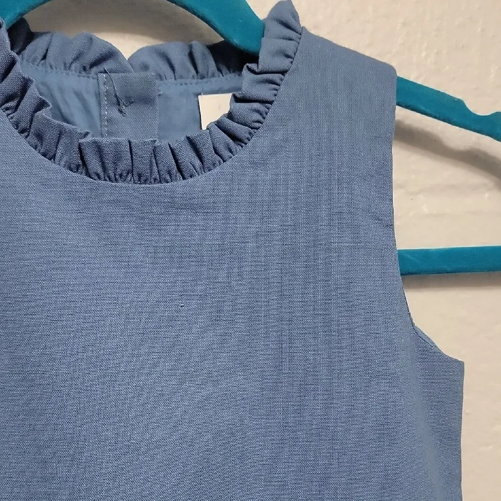 Blue Linen Blend Ruffle Neck Pocket Casual Girls Dress By Southern Smocked Co